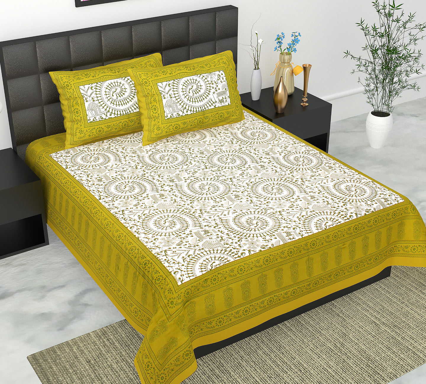 Cotton Double Jaipuri Prints Flat Bedsheet  With 2 Pillow Cover