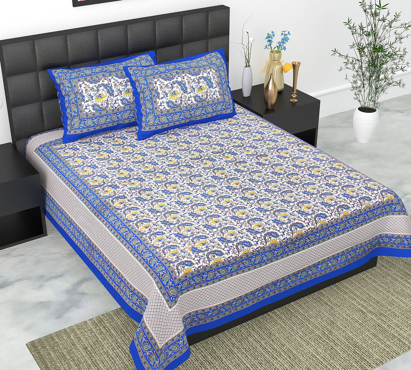 Cotton Double Jaipuri Prints Flat Bedsheet  With 2 Pillow Cover