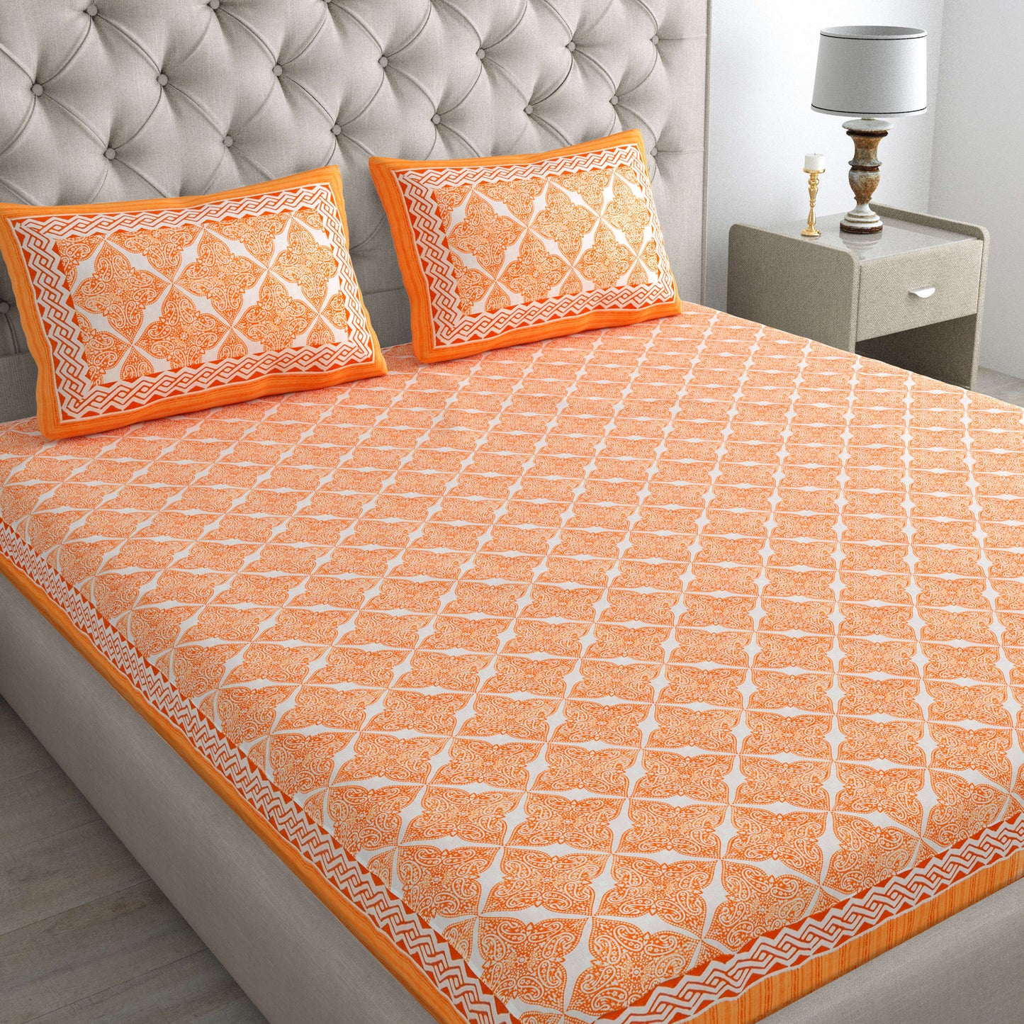 Cotton Double Jaipuri Prints Flat Bedsheet  With 2 Pillow Cover