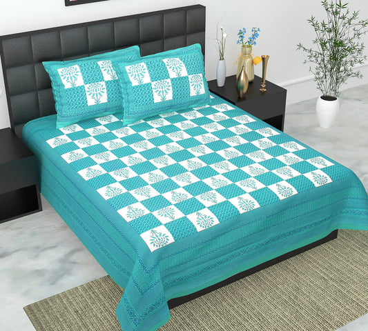 Cotton Double Jaipuri Prints Flat Bedsheet  With 2 Pillow Cover