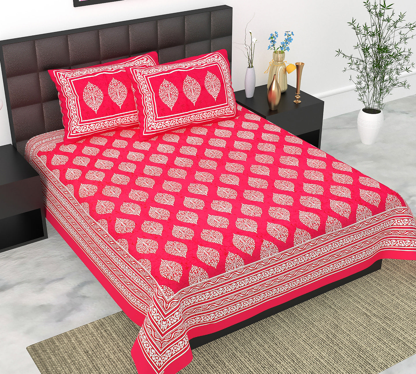 Cotton Double Jaipuri Prints Flat Bedsheet  With 2 Pillow Cover