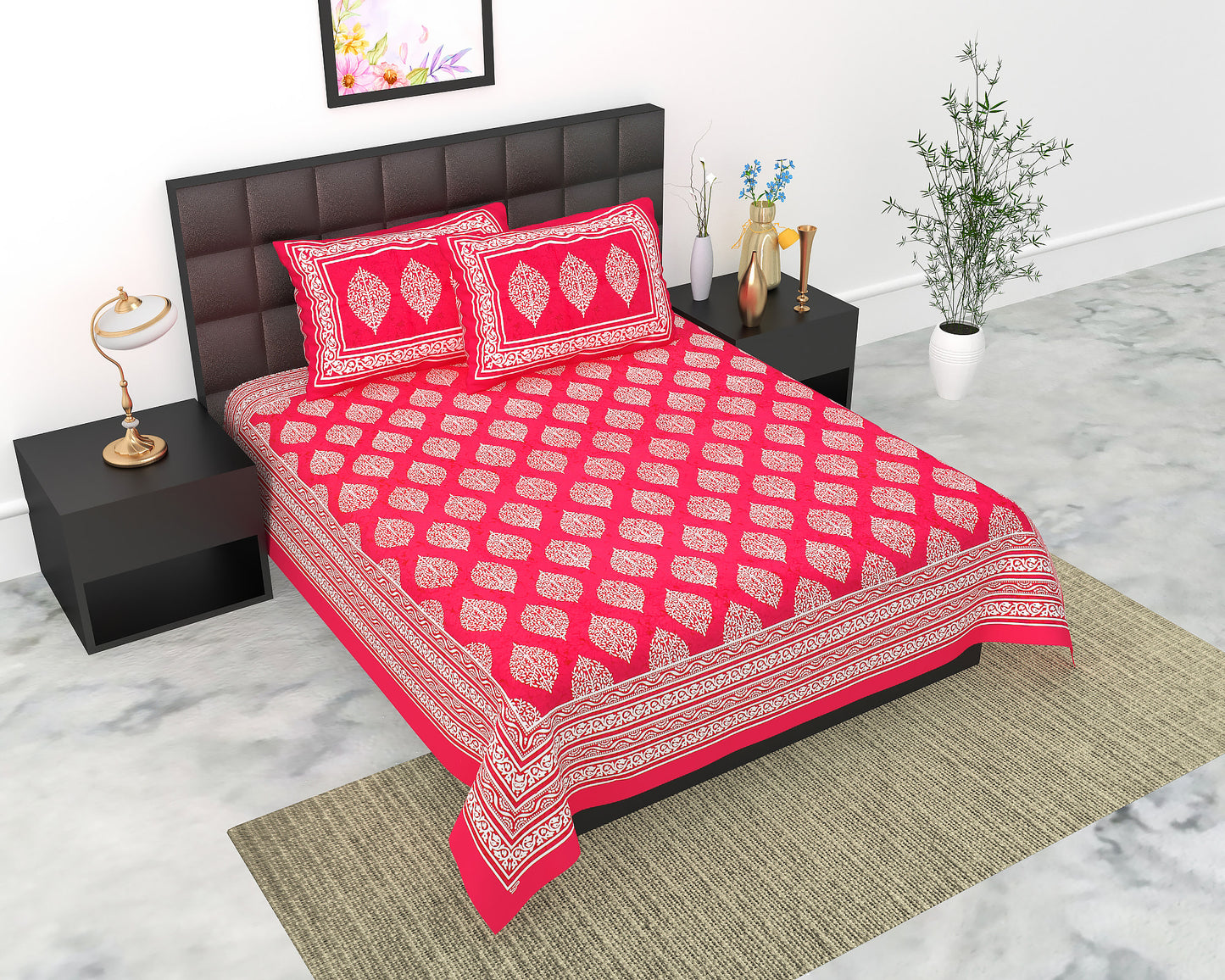 Cotton Double Jaipuri Prints Flat Bedsheet  With 2 Pillow Cover