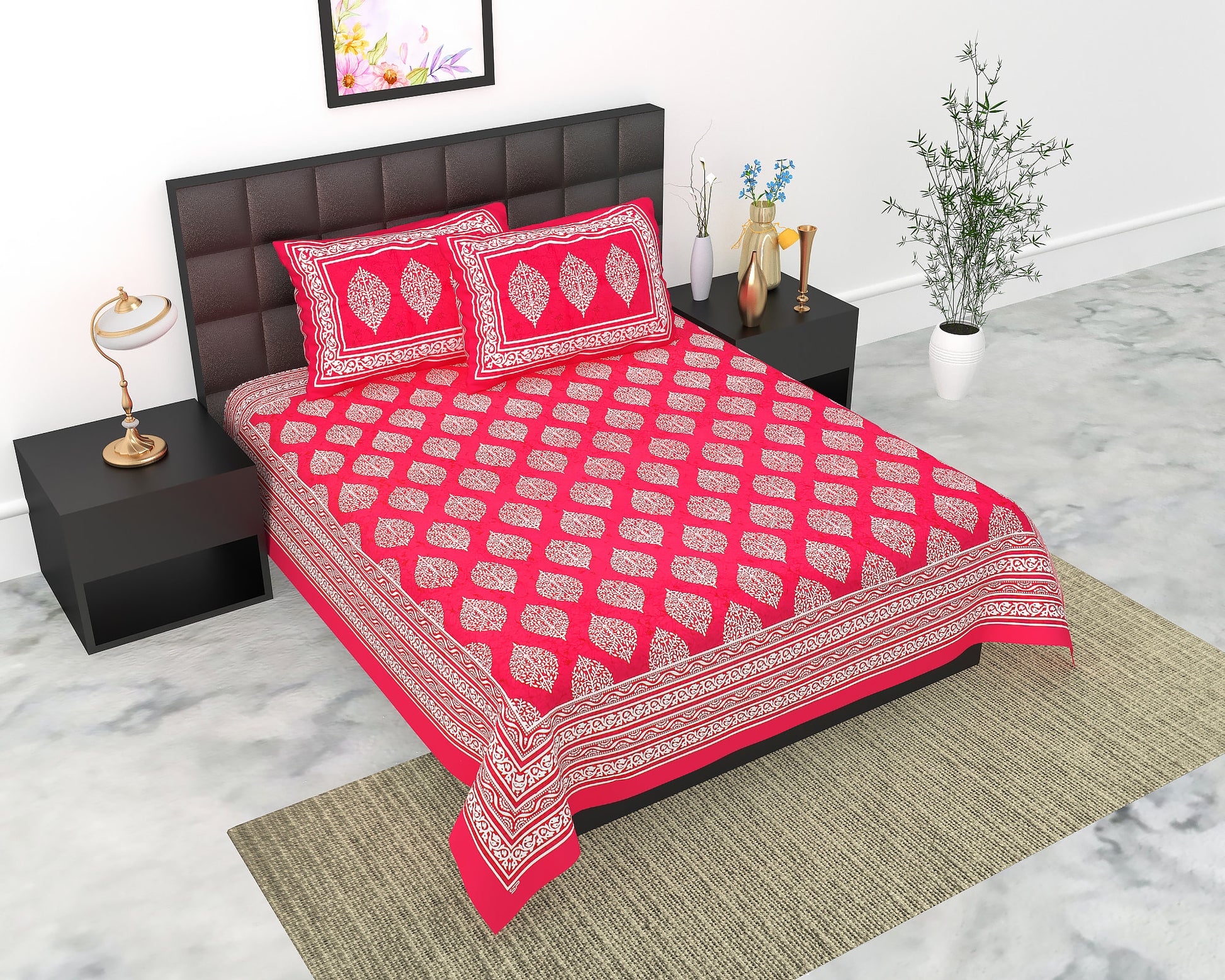 Cotton Double Jaipuri Prints Flat Bedsheet  With 2 Pillow Cover