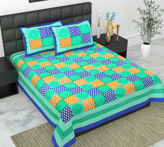 Cotton Double Jaipuri Prints Flat Bedsheet  With 2 Pillow Cover