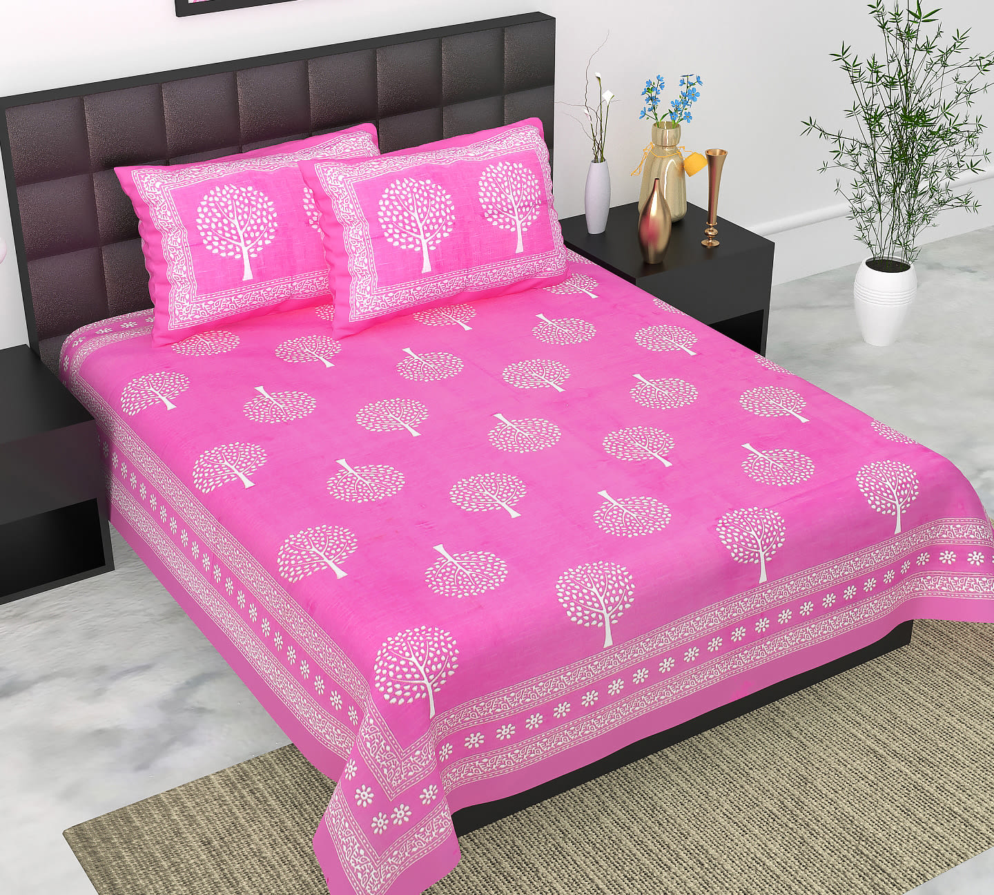 Cotton Double Jaipuri Prints Flat Bedsheet  With 2 Pillow Cover