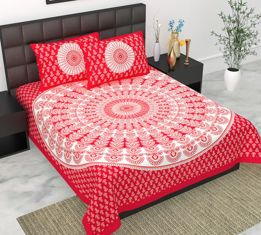 Cotton Double Jaipuri Prints Flat Bedsheet  With 2 Pillow Cover