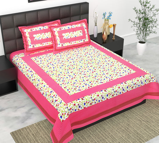 Cotton Double Jaipuri Prints Flat Bedsheet  With 2 Pillow Cover