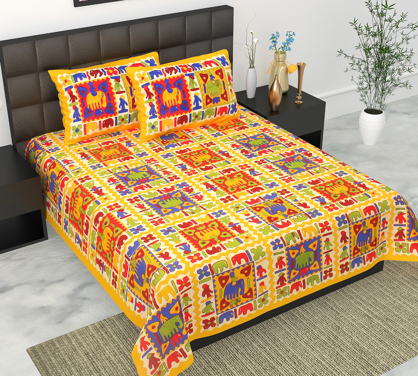 Cotton Double Jaipuri Prints Flat Bedsheet  With 2 Pillow Cover
