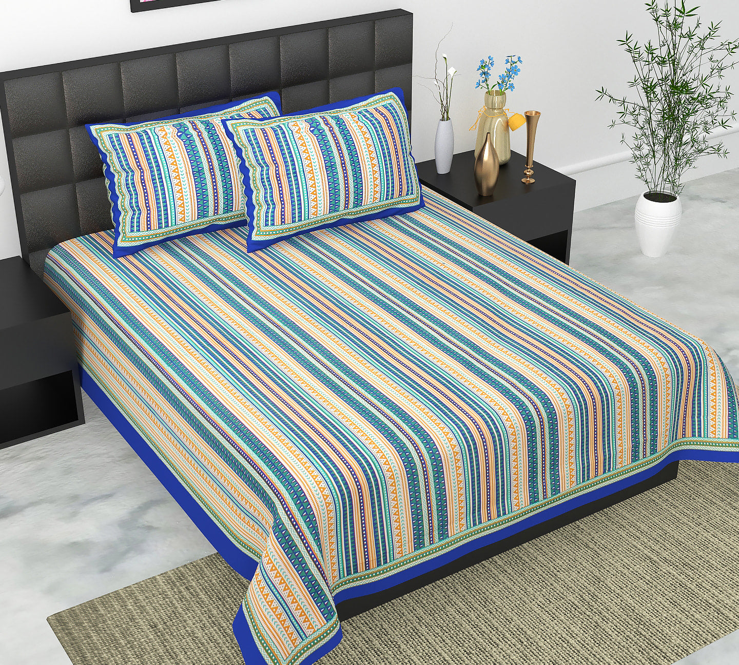 Cotton Double Jaipuri Prints Flat Bedsheet  With 2 Pillow Cover