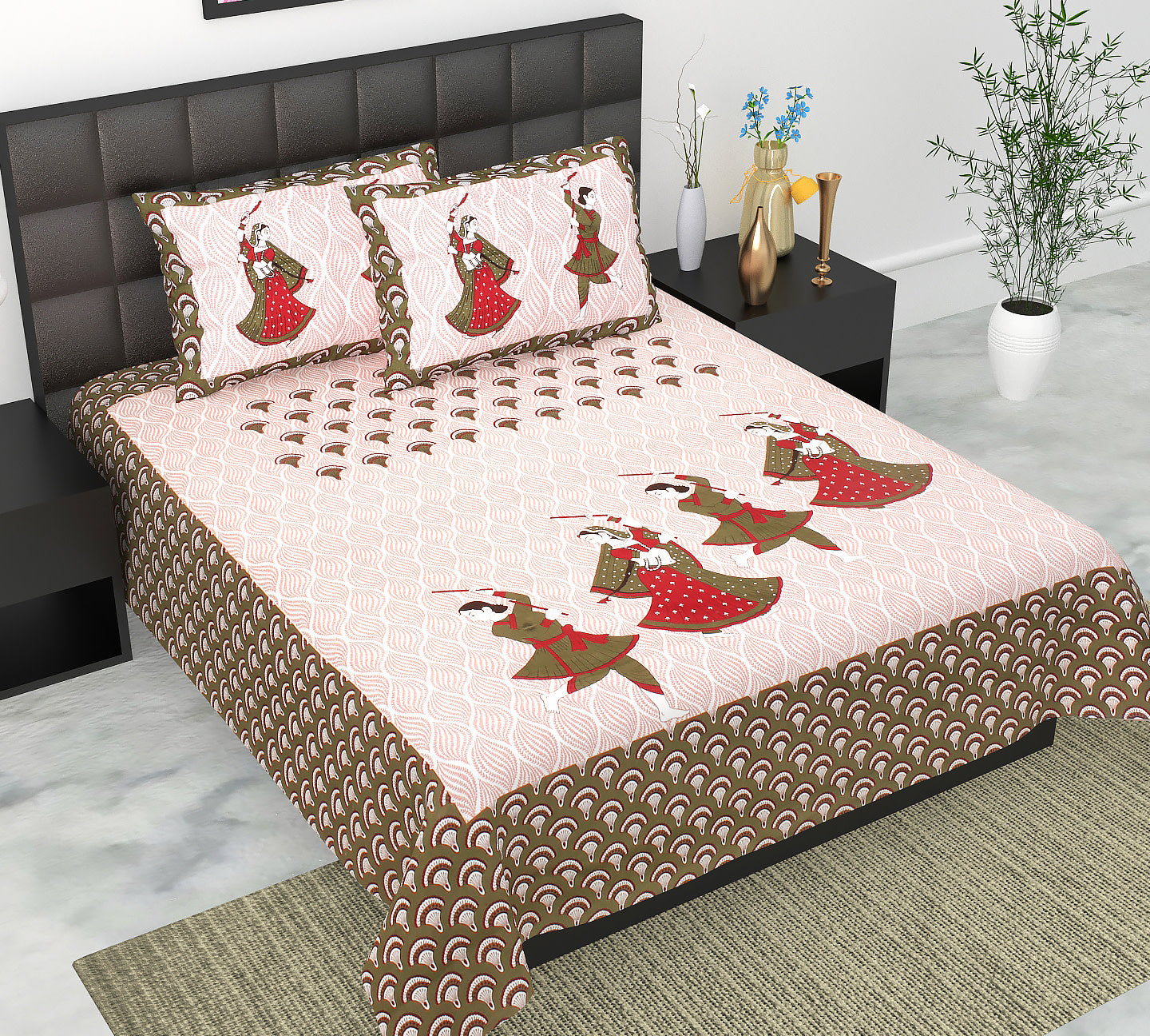 Cotton Double Jaipuri Prints Flat Bedsheet  With 2 Pillow Cover