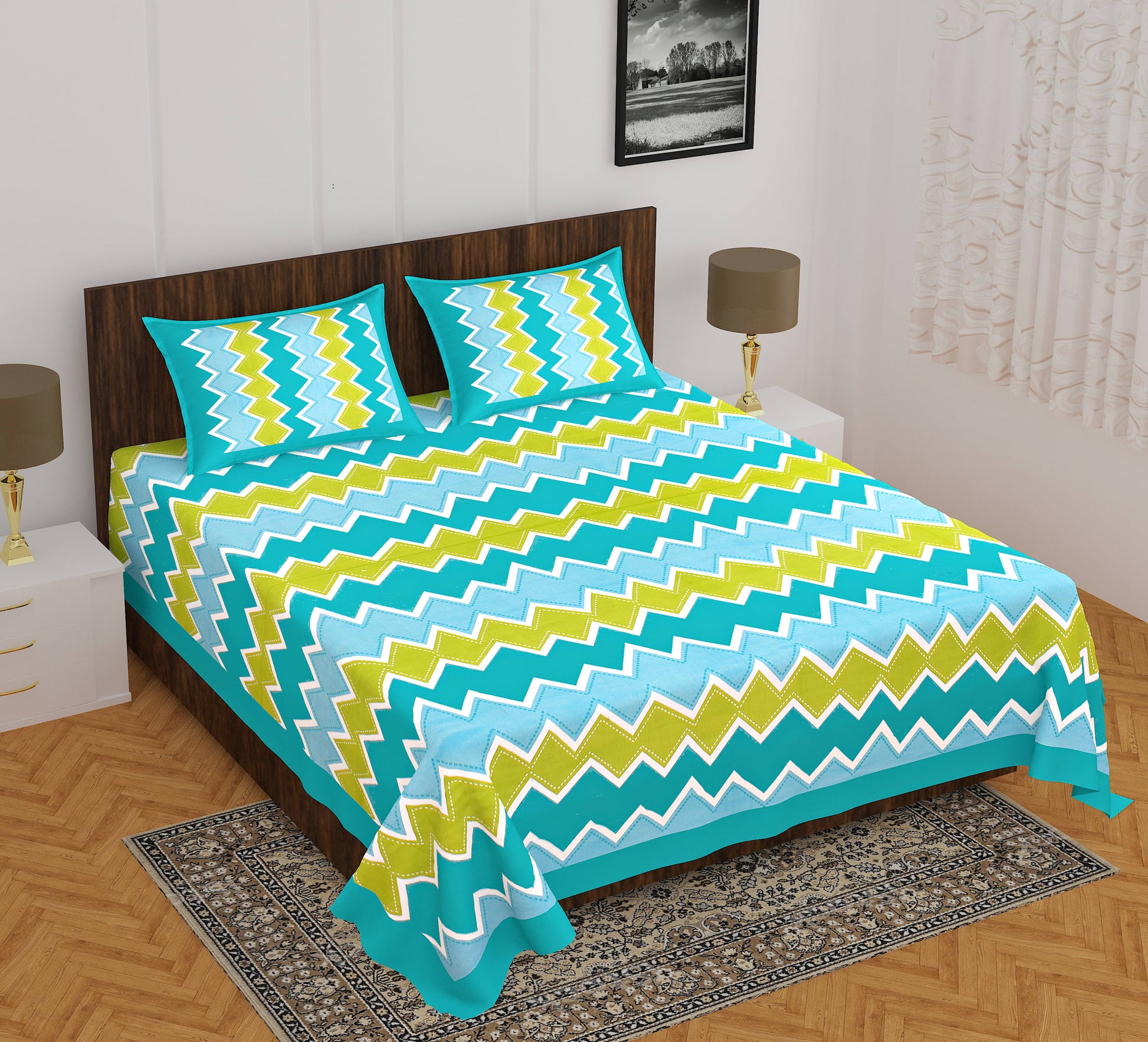 Cotton Double Jaipuri Prints Flat Bedsheet  (Pack of 1, Green)