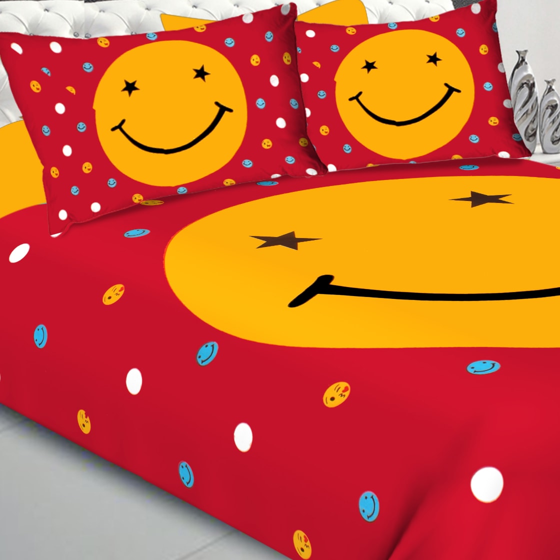 Cotton Double Smiley  Prints Flat Bedsheet  (RED)