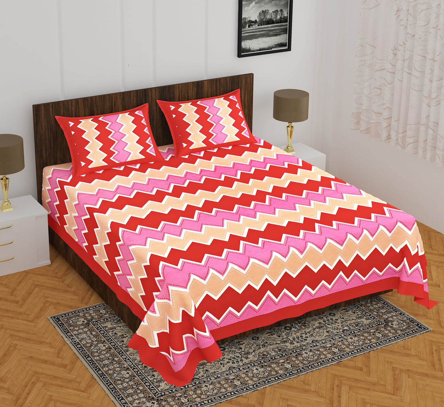 Cotton Double Jaipuri Prints Flat Bedsheet  (Pack of 1, Pink)