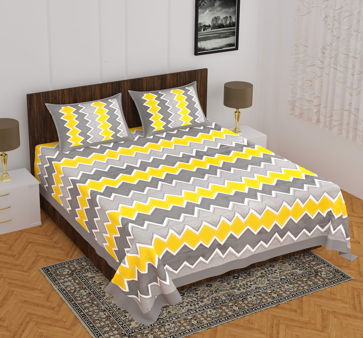 Cotton Double Jaipuri Prints Flat Bedsheet  (Pack of 1, Yellow)