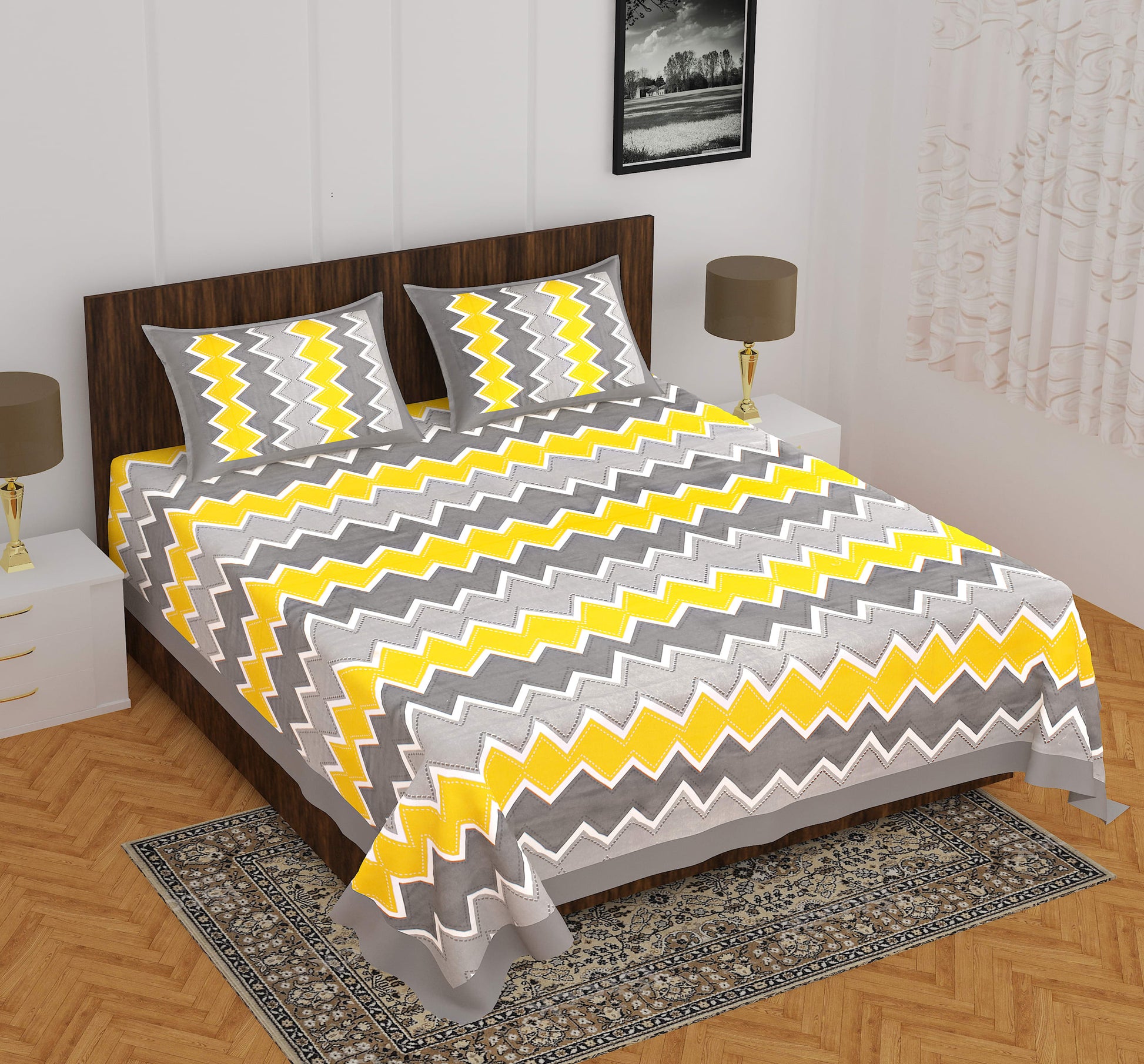 Cotton Double Jaipuri Prints Flat Bedsheet  (Pack of 1, Yellow)