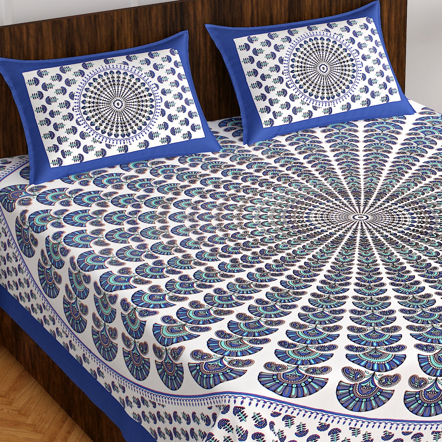 Cotton Double Floral Bedsheet  (Blue)