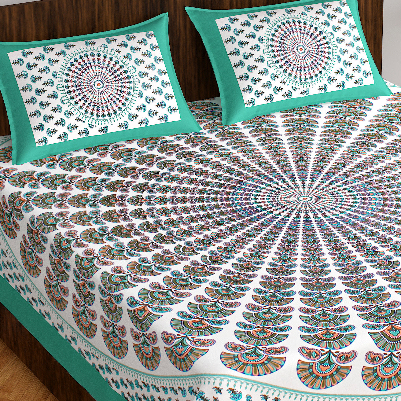 Cotton Double Floral Bedsheet  (Green)