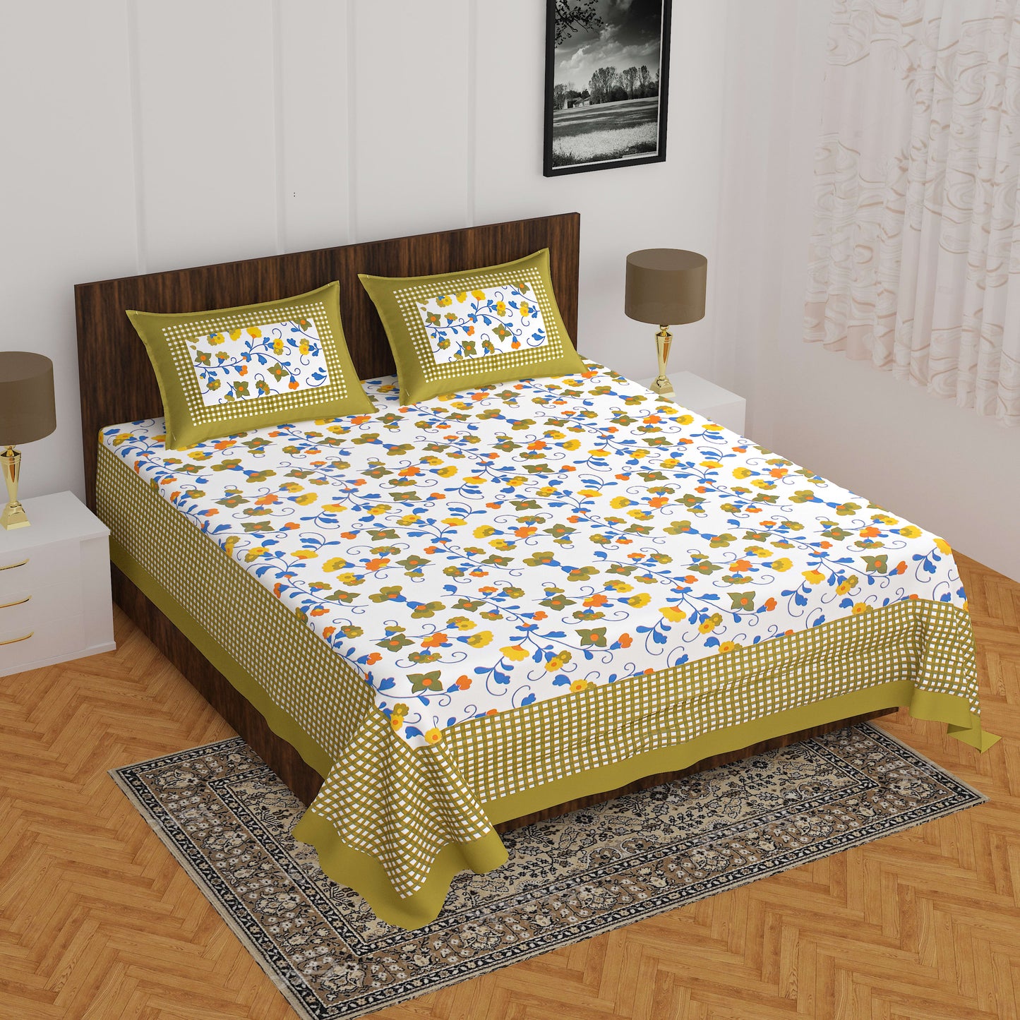 Cotton Double Floral Bedsheet  (Green)