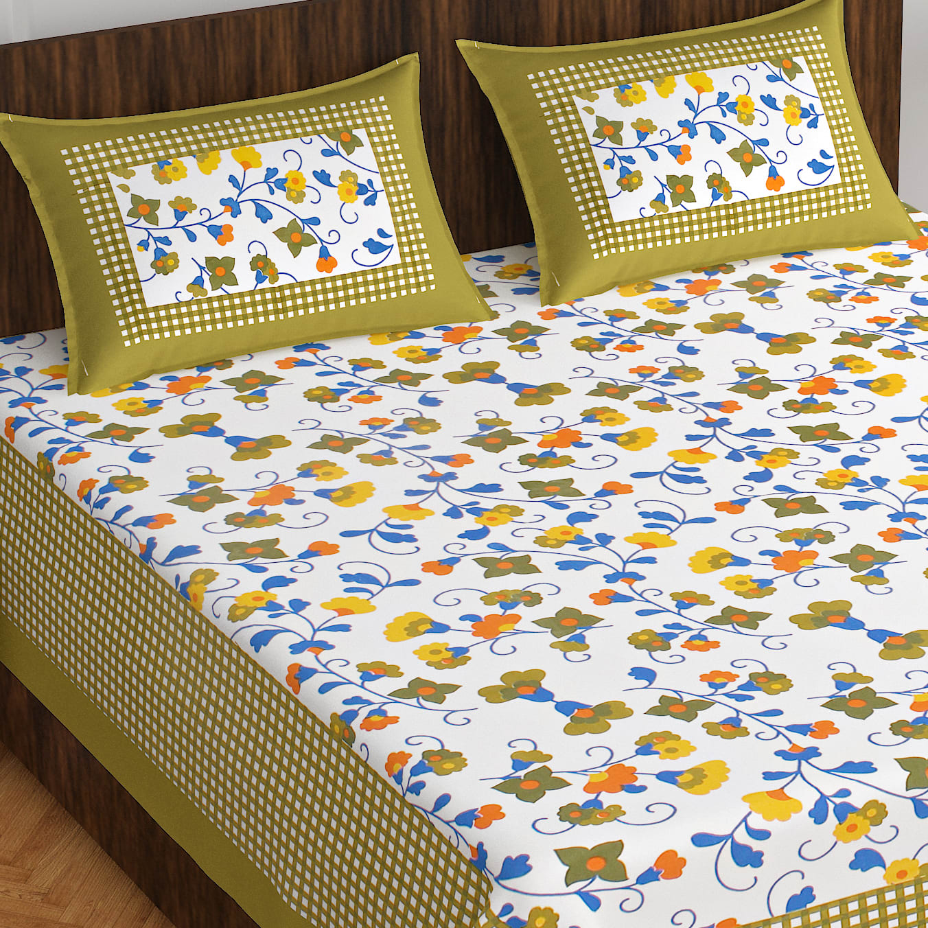 Cotton Double Floral Bedsheet  (Green)