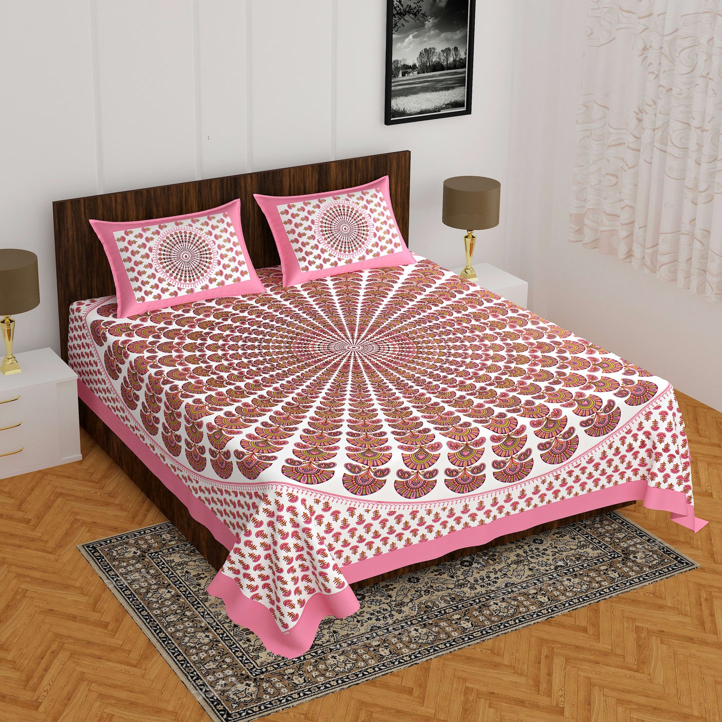 Cotton Double Floral Bedsheet  (PINK)