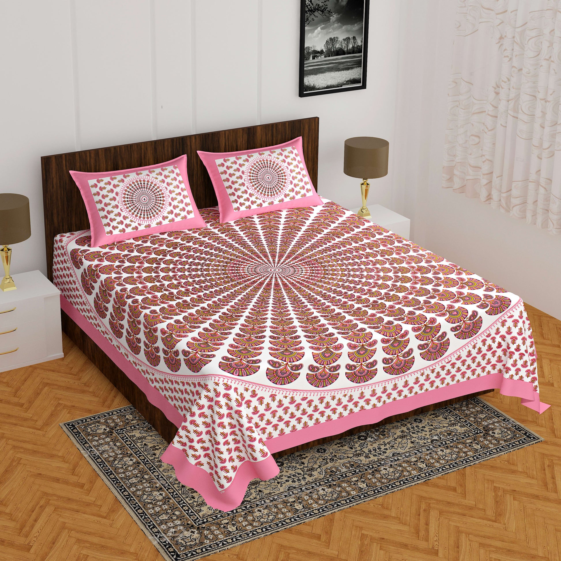 Cotton Double Floral Bedsheet  (PINK)