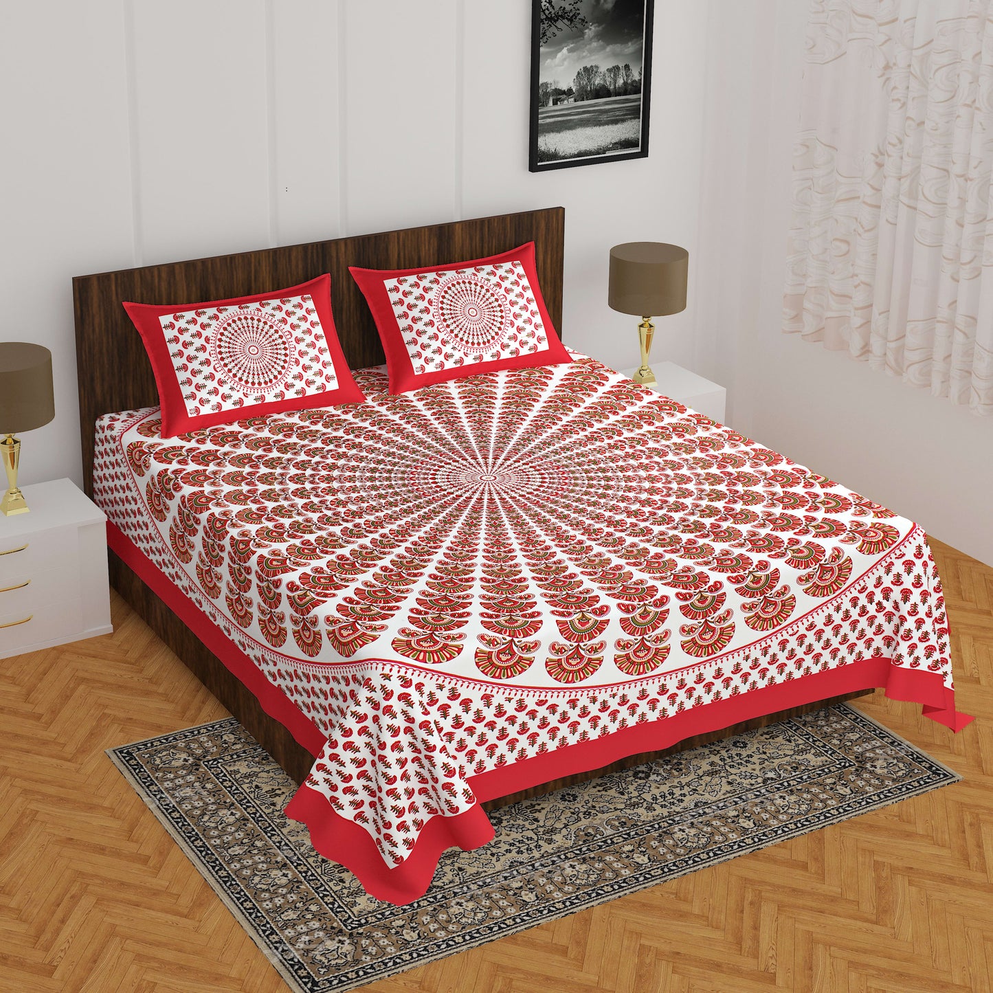 Cotton Double Floral Bedsheet  (Red)
