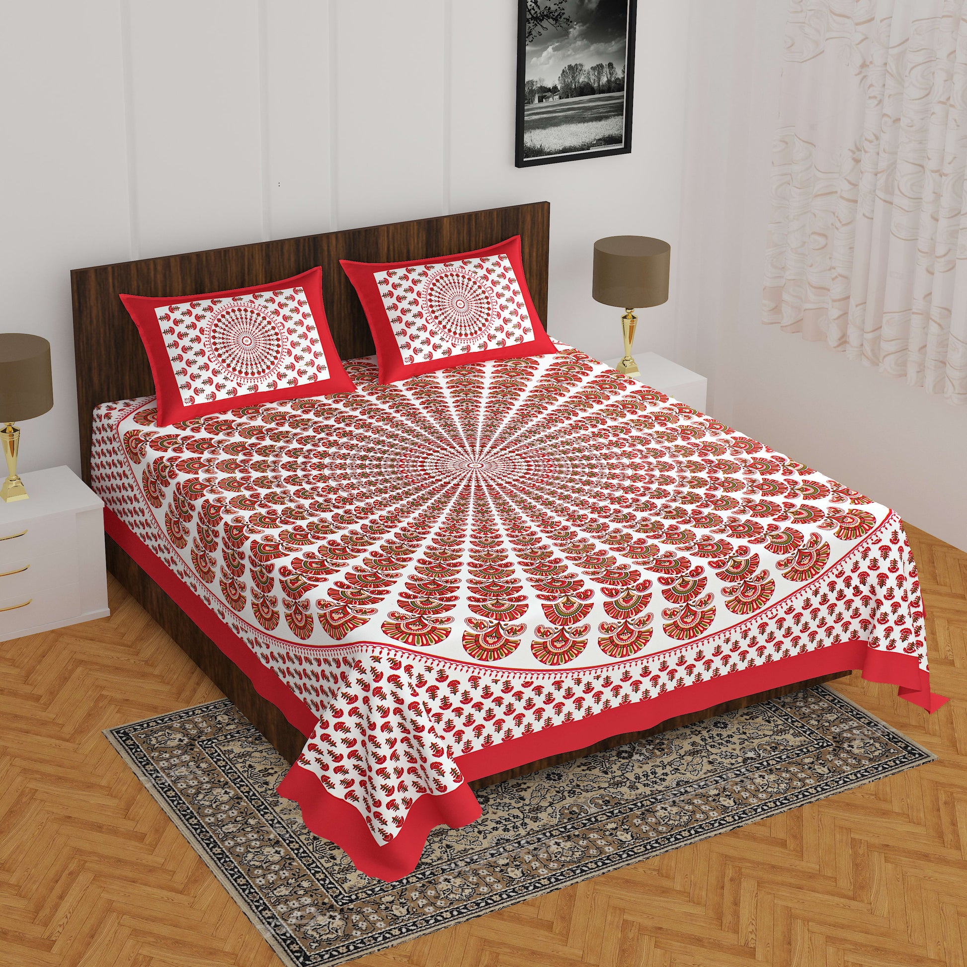 Cotton Double Floral Bedsheet  (Red)