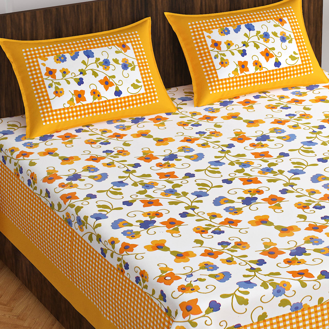 Cotton Double Floral Bedsheet  ( Yellow)