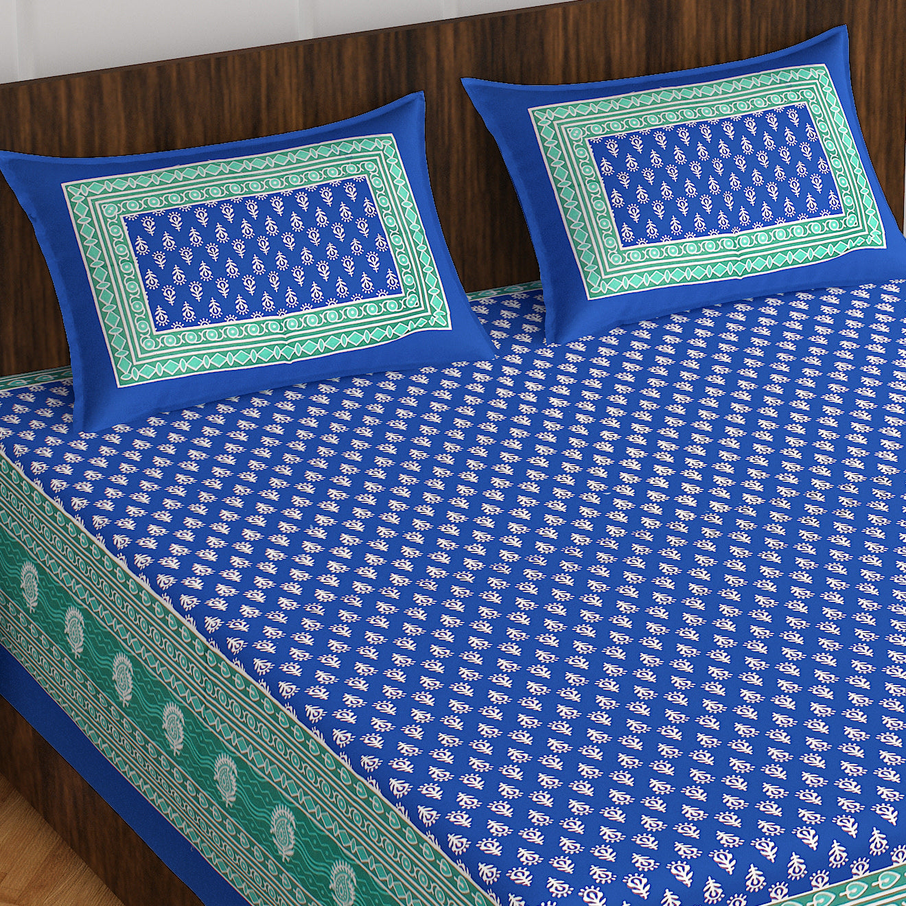 Cotton Double Printed Flat Bedsheet  (BLUE)