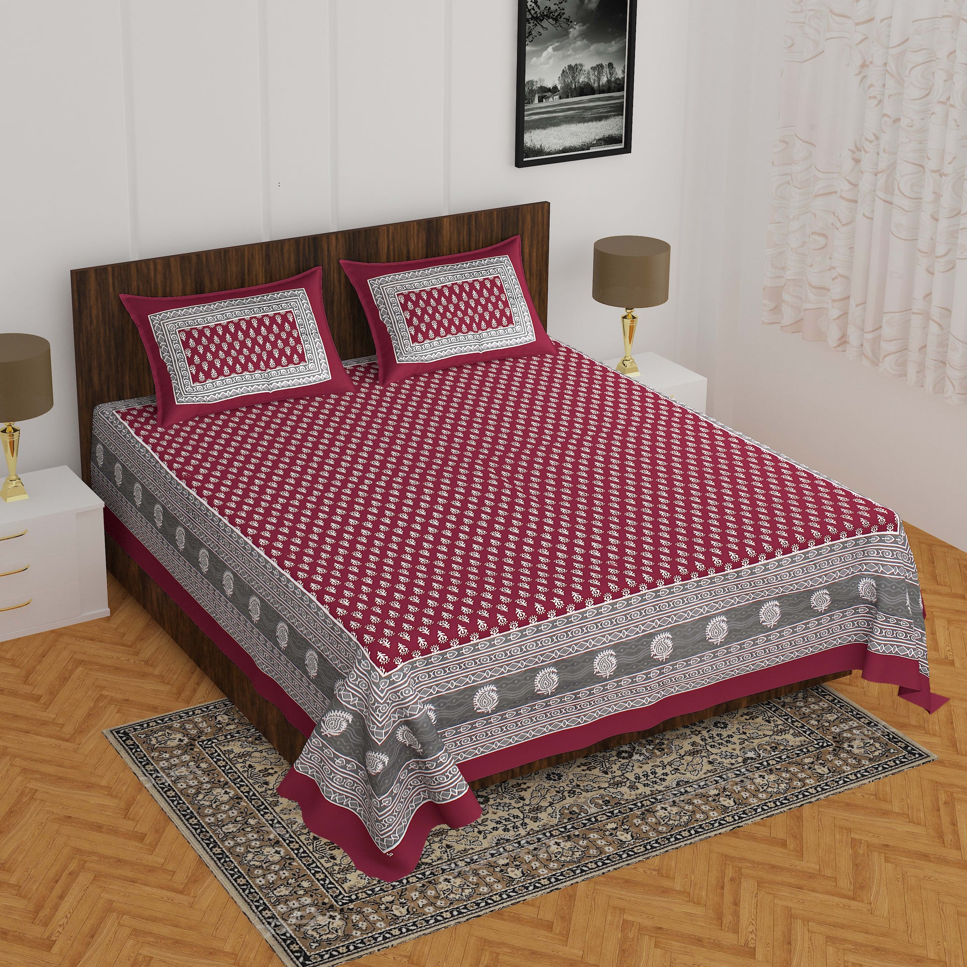 Cotton Double Printed Flat Bedsheet  (MAROON)