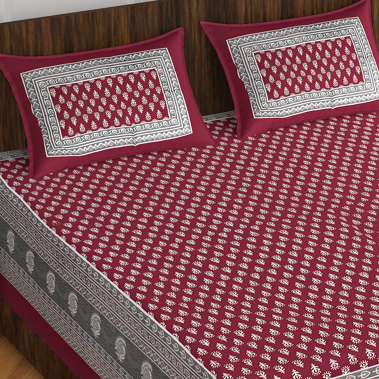 Cotton Double Printed Flat Bedsheet  (MAROON)