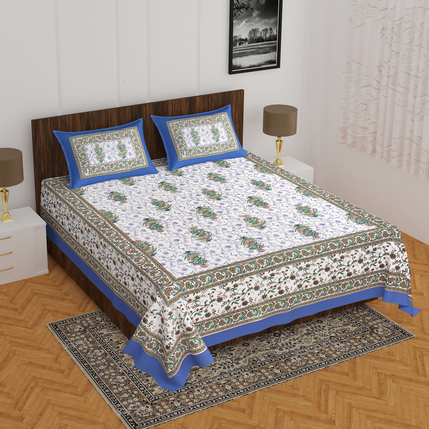 Cotton Blue Floral Traditional Double Bedsheet with Two Pillow Covers.