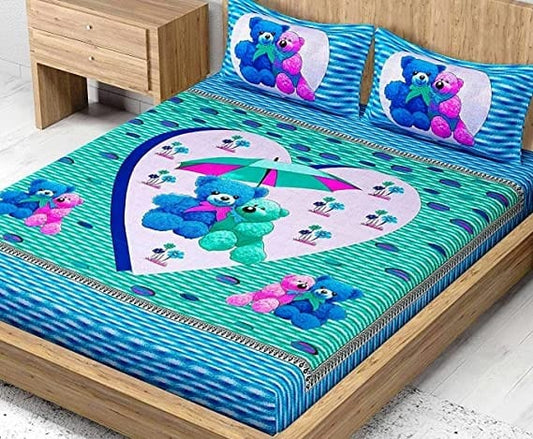 Teddy Cartoon Print Double Bed Sheet with 2 Matching Pillow Covers, Kids Bedsheet, Cartoon Bedsheet for Your Child  (Pack of 1, GREEN)