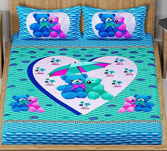 Teddy Cartoon Print Double Bed Sheet with 2 Matching Pillow Covers, Kids Bedsheet, Cartoon Bedsheet for Your Child  (Pack of 1, GREEN)