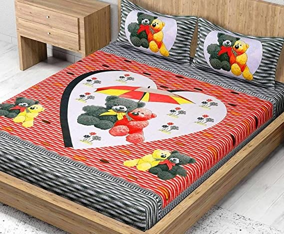Teddy Cartoon Print Double Bed Sheet with 2 Matching Pillow Covers, Kids Bedsheet, Cartoon Bedsheet for Your Child  (Pack of 1, GREY)