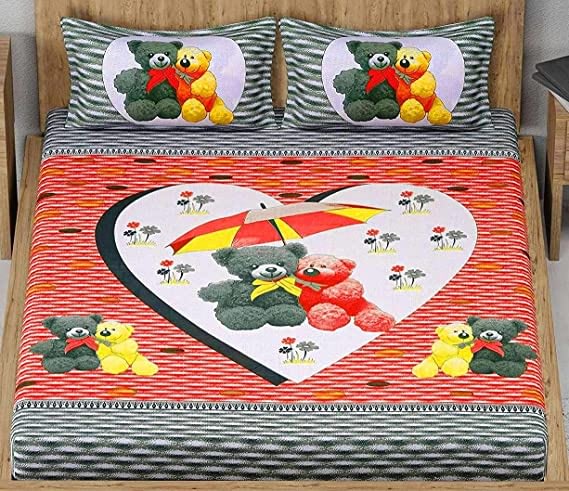 Teddy Cartoon Print Double Bed Sheet with 2 Matching Pillow Covers, Kids Bedsheet, Cartoon Bedsheet for Your Child  (Pack of 1, GREY)