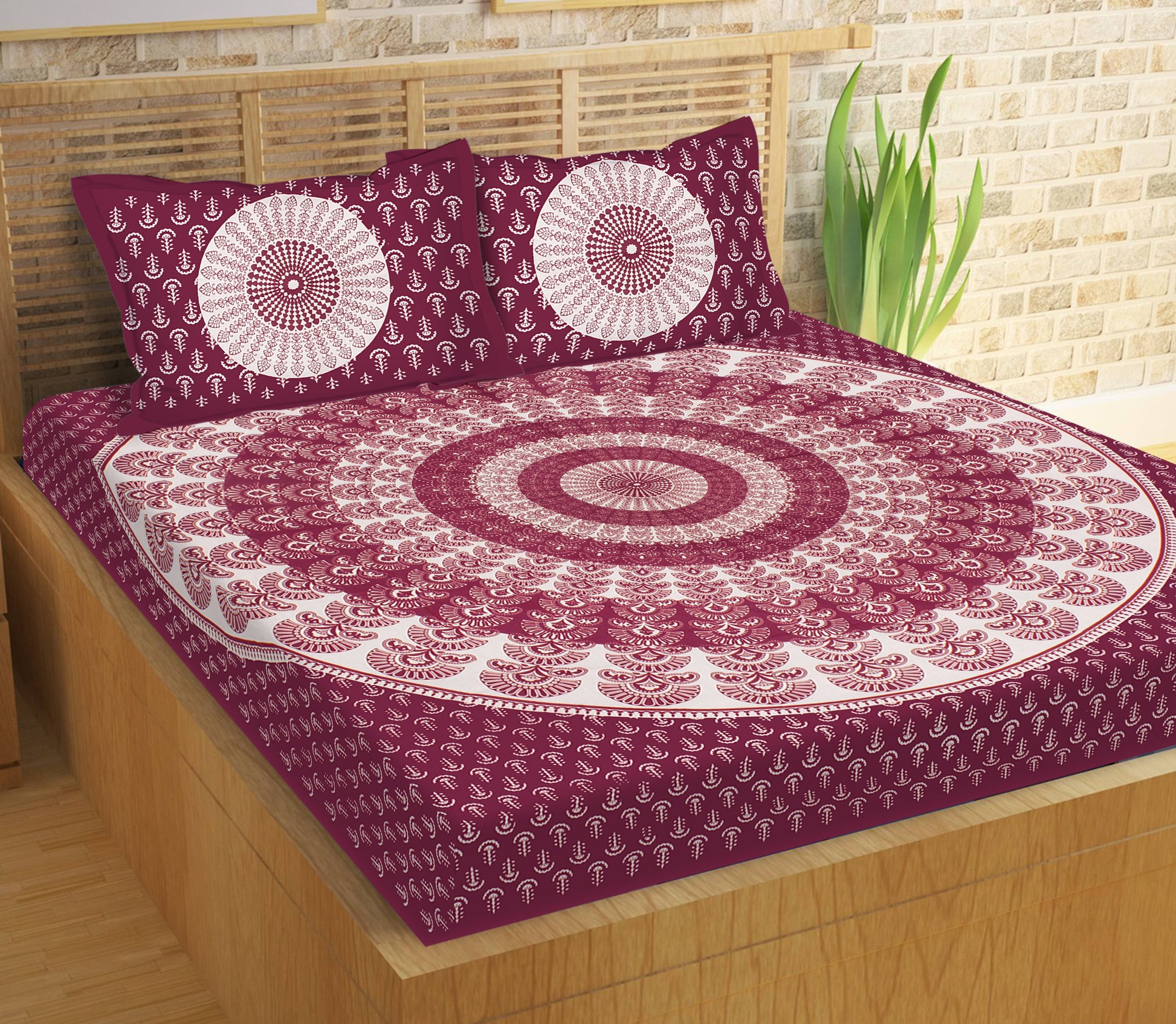 Cotton Double Printed Flat Bedsheet  (Pack of 1, Mroon)