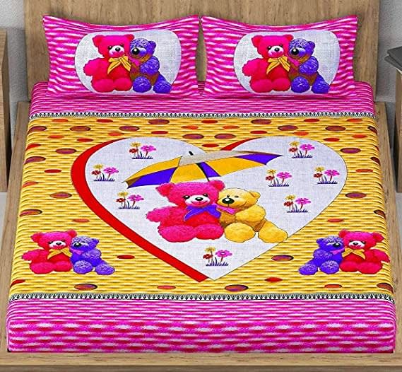 Teddy Cartoon Print Double Bed Sheet with 2 Matching Pillow Covers, Kids Bedsheet, Cartoon Bedsheet for Your Child  (Pack of 1, PINK)