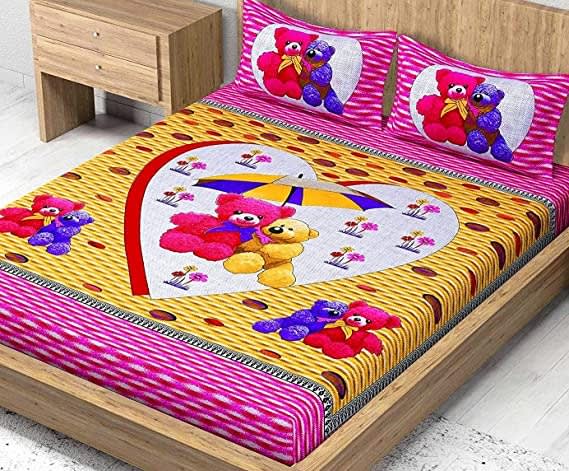 Teddy Cartoon Print Double Bed Sheet with 2 Matching Pillow Covers, Kids Bedsheet, Cartoon Bedsheet for Your Child  (Pack of 1, PINK)