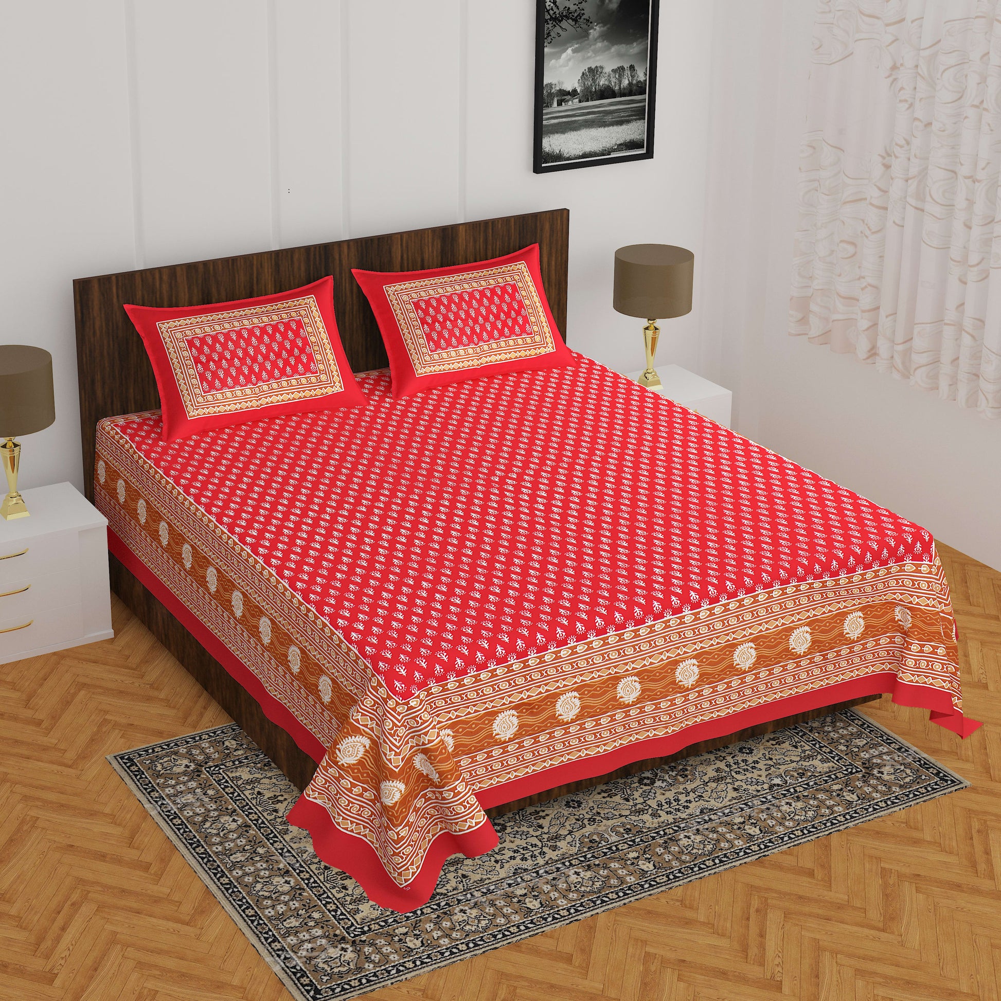 Cotton Double Printed Flat Bedsheet  (RED)