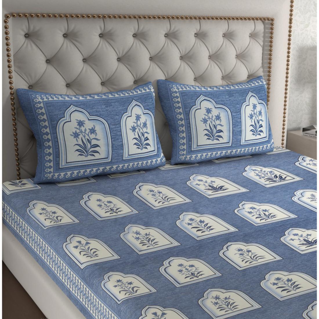 Cotton Floral Jaipuri Printed Double Bedsheet with 2 Pillow Covers, Blue