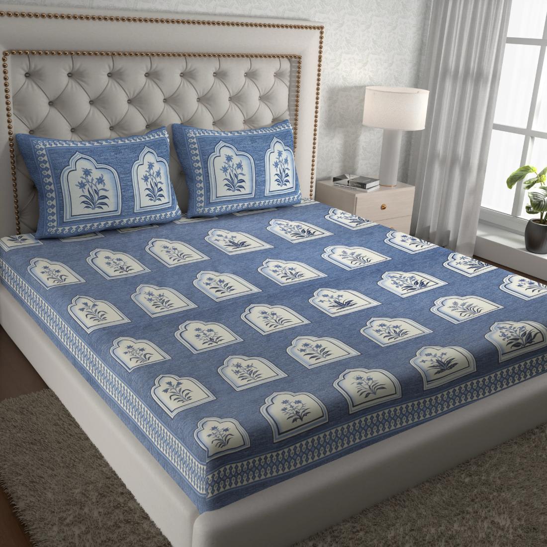 Cotton Floral Jaipuri Printed Double Bedsheet with 2 Pillow Covers, Blue