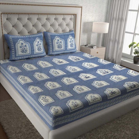 Cotton Floral Jaipuri Printed Double Bedsheet with 2 Pillow Covers, Blue