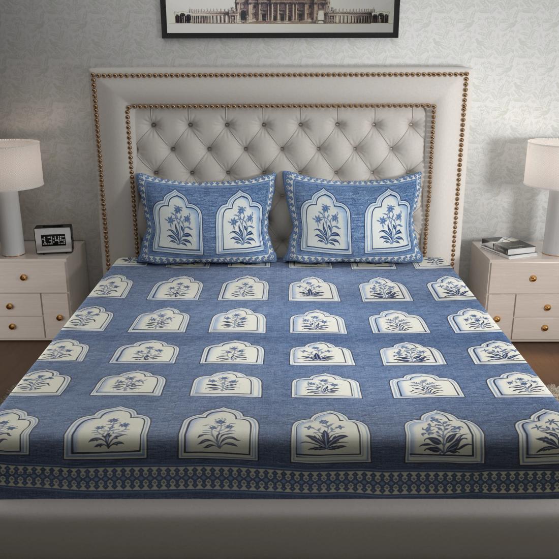 Cotton Floral Jaipuri Printed Double Bedsheet with 2 Pillow Covers, Blue