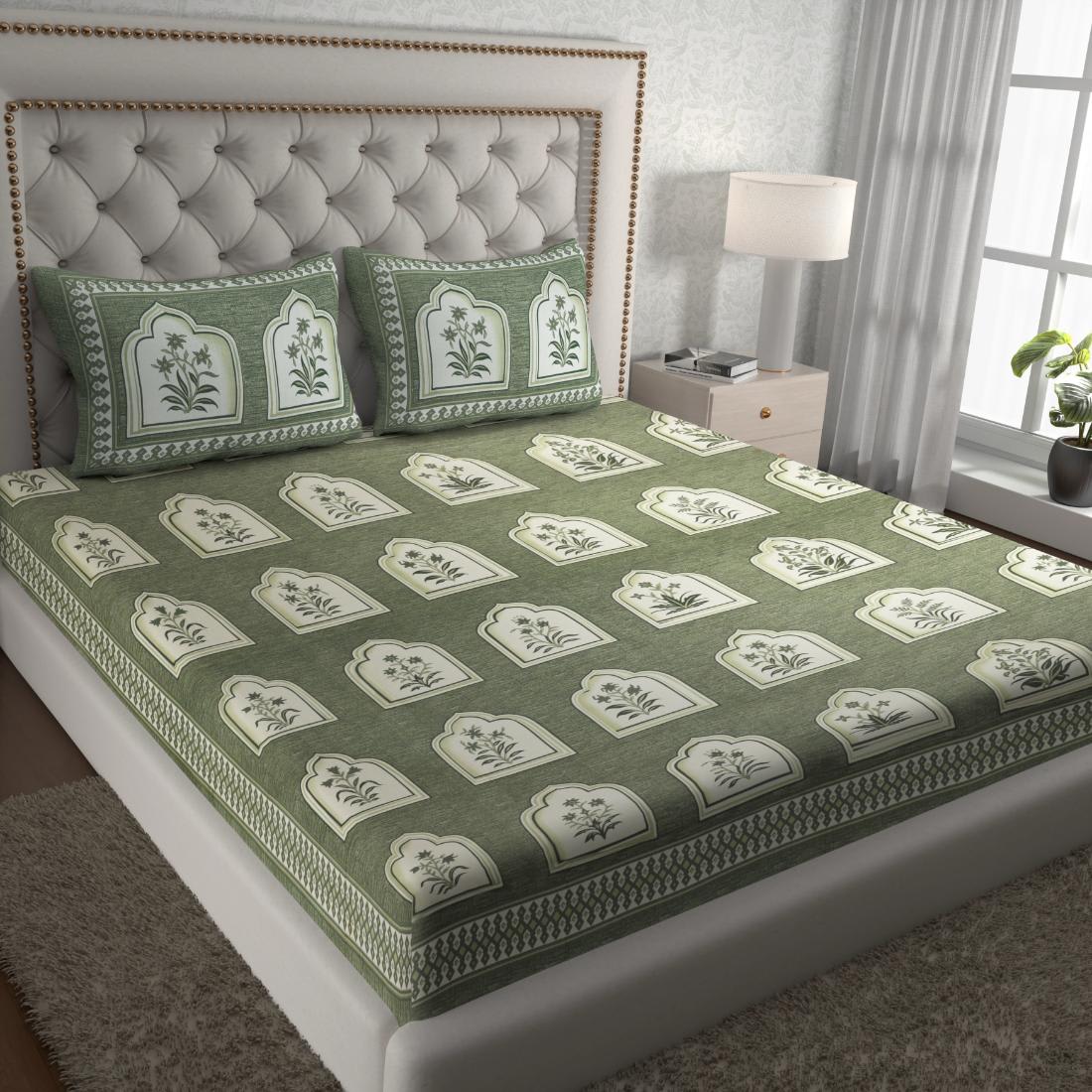 Cotton Floral Jaipuri Printed Double Bedsheet with 2 Pillow Covers, Green