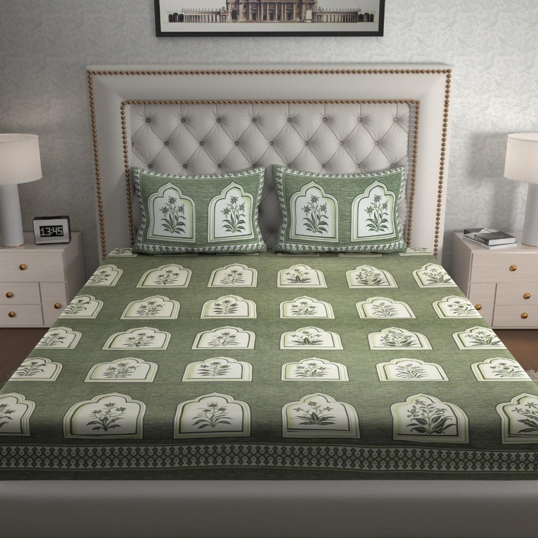 Cotton Floral Jaipuri Printed Double Bedsheet with 2 Pillow Covers, Green