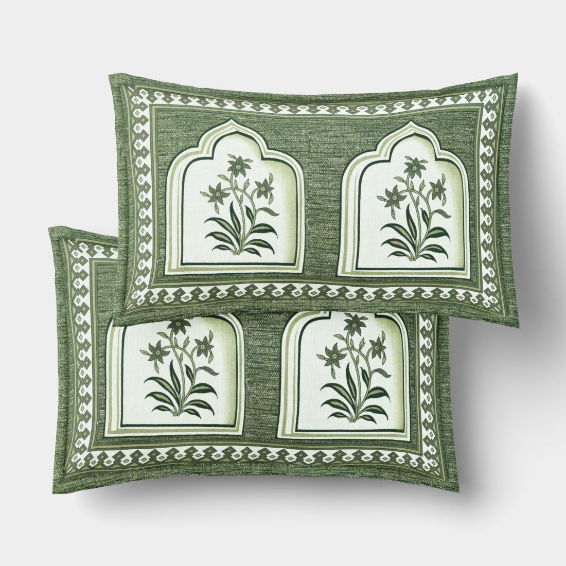 Cotton Floral Jaipuri Printed Double Bedsheet with 2 Pillow Covers, Green