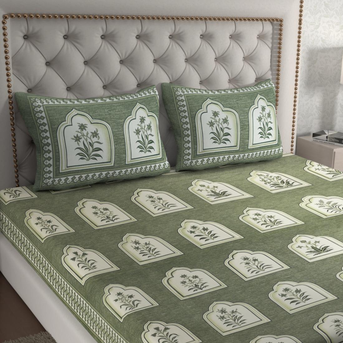 Cotton Floral Jaipuri Printed Double Bedsheet with 2 Pillow Covers, Green