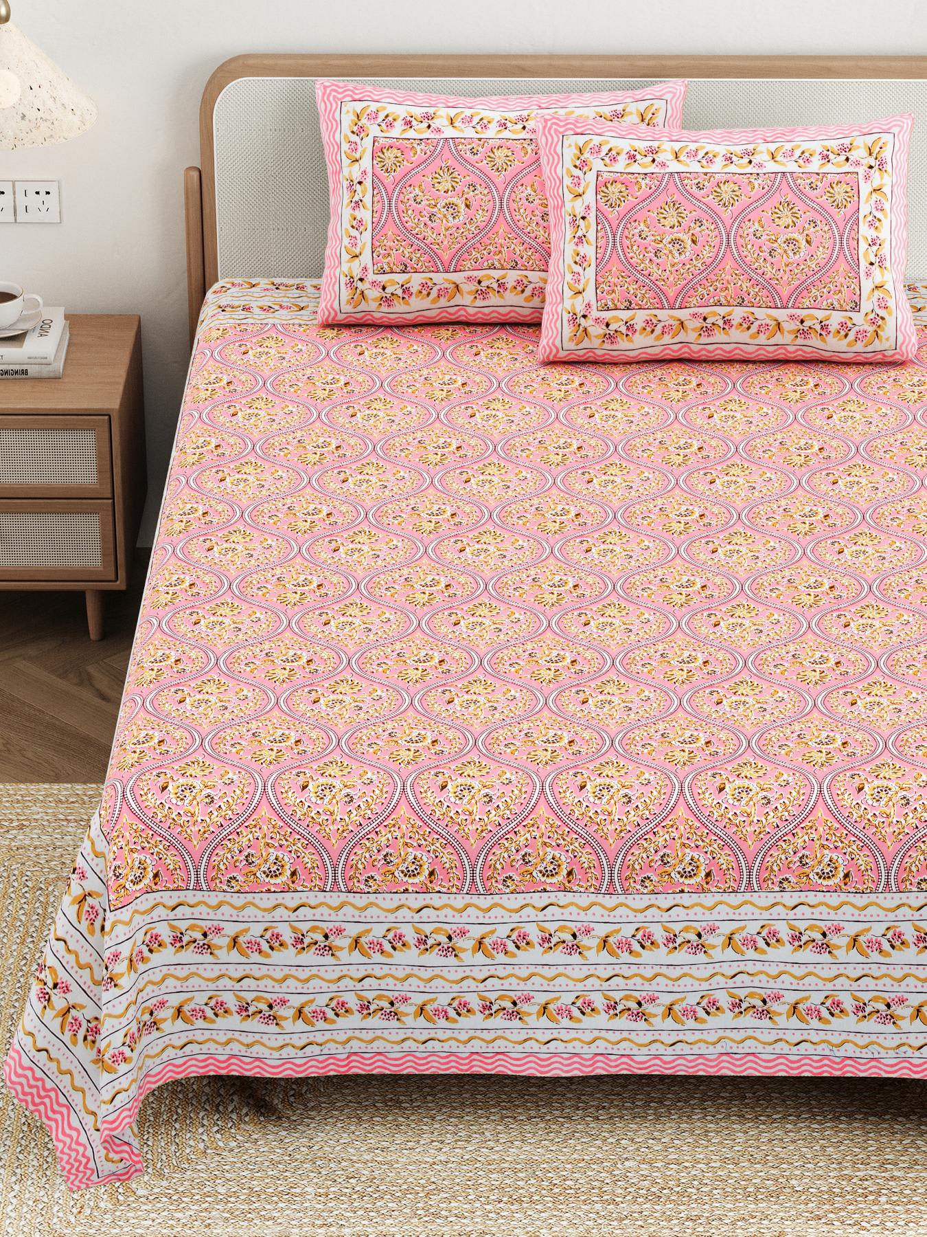Cotton Jaipuri Diwan Size  Bedsheet With 2 Zipper Pillow Cover (Size 70*100)