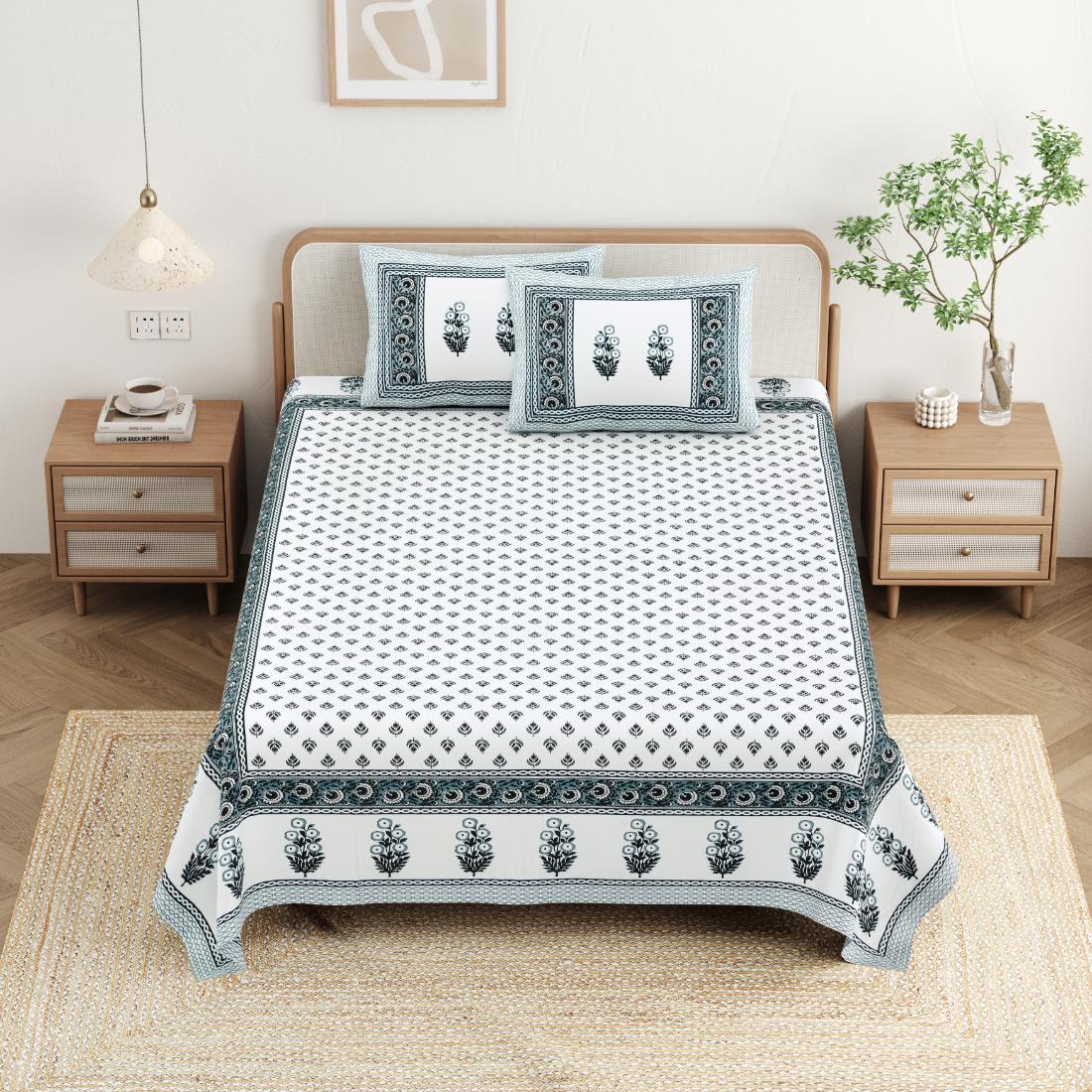 Cotton Jaipuri Diwan Size  Bedsheet With 2 Zipper Pillow Cover (Size 70*100)
